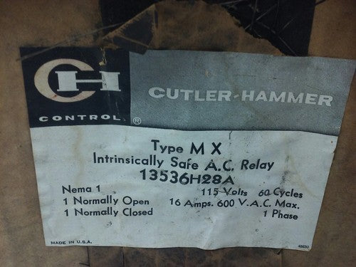 CUTLER HAMMER 13536H28A TYPE MX, INTRINSICALLY SAFE A.C. RELAY, 600V,1PH,16A,NEW1