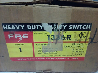 FPE 1336R FUSIBLE SAFETY SWITCH 3P, 30A, 600VAC, 3 WIRE, 3 BLADES, 20HP 1