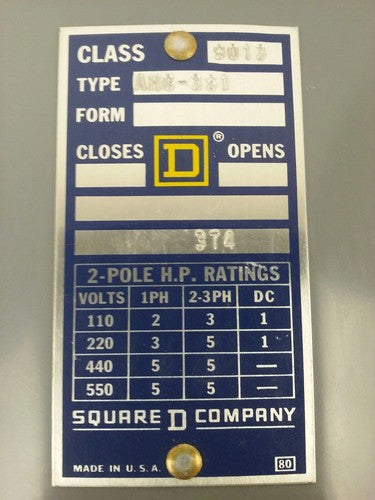 SQUARE D 9013 AHG-3S1 PRESSURE SWITCH, 550V, 2P, 3PH, 5HP, NEW OTHER, 9013 AHG1