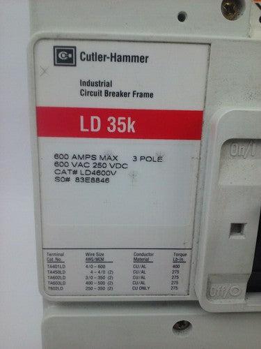 CUTLER HAMMER LD4600V CIRCUIT BREAKER 600A 600VAC 250VDC 3P LT4600TV TRIP UNIT1