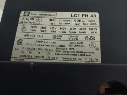 TELEMECANIQUE LC1FH43 CONTACTOR 3PH 600VAC 150HP 200A LA1F221 LX4 FH 190VDC2