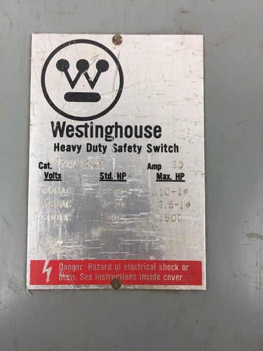 WESTINGHOUSE RHFN261 TYPE 3R RAINPROOF 30 AMP 600 VOLTS AC ENCLOSURE 1