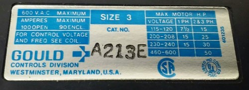 ITE GOULD A213E SIZE 3 MAGNETIC MOTOR CONTROL, 3PH, 600V, 100A, 50HP, 120V COIL1