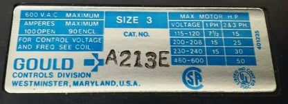 ITE GOULD A213E SIZE 3 MAGNETIC MOTOR CONTROL, 3PH, 600V, 100A, 50HP, 120V COIL1