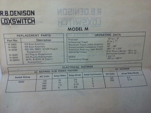 R.B.DENISON M4040 SERIES D PRECISON LIMIT SWITCH, NEMA B600, 600V, 30A, MODEL M6