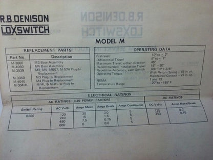 R.B.DENISON M4040 SERIES D PRECISON LIMIT SWITCH, NEMA B600, 600V, 30A, MODEL M6