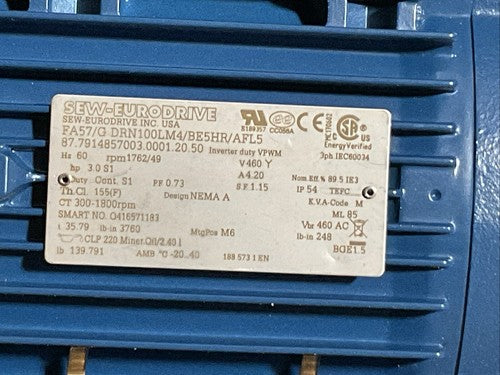 SEW-EURODRIVE FA57/G DRN100LM4/BE5HR/AFL5 GEAR MOTOR HZ 60 rpm 1762/49 V460 Y1