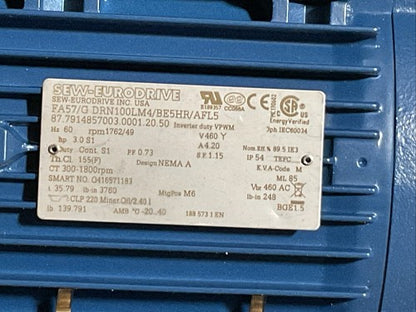 SEW-EURODRIVE FA57/G DRN100LM4/BE5HR/AFL5 GEAR MOTOR HZ 60 rpm 1762/49 V460 Y1