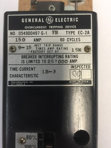 GE 0549D0497 G-1 OVERCURRENT TRIPPING DEVICE TYPE EC-2A 150 AMP 60 CYC2