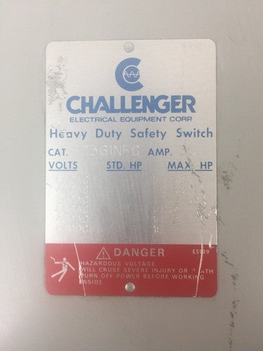 CHALLENGER HD361NFC HD SAFETY SWITCH 600V 30AMP 20HP 3 POLE NON FUSIBLE TYPE 11