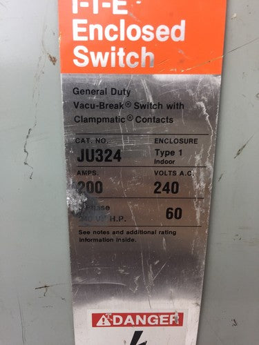 ITE JU324 VACU-BREAK SWITCH WITH CLAMPMATIC CONTACTS 200 AMPS 240 VAC TYPE 11