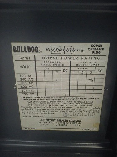 ITE BULLDOG BP321 FUSIBLE BUS PLUG BD DUCT 3PH 240V 30A 7.5HP3