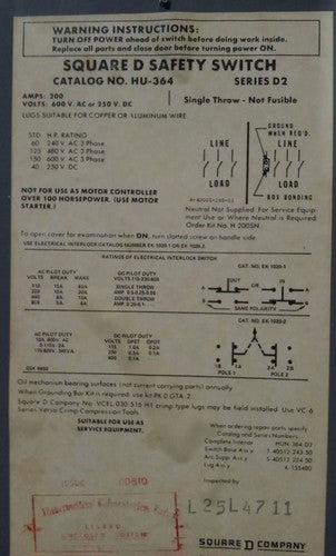 SQ. D HU364, SER. D2, SAFETY SWITCH, 200A, 600VAC/250DC, 3PH, MAX H.P. 150  USED3
