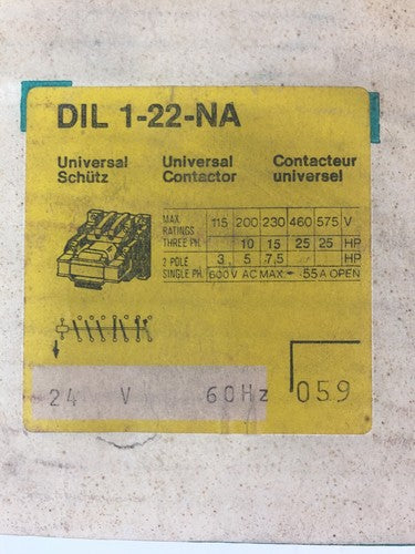 KLOCKNER MOELLER DIL 1-22-NA UNIVERSAL CONTACTOR 600VAC 25HP 2POLE COIL 24V 60HZ0