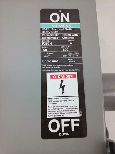 SIEMENS F352H, SER. A, 600VAC, 60A, 3PH, H.D. TYPE 12 ENCLOSED SWITCH INDOOR,NEW2