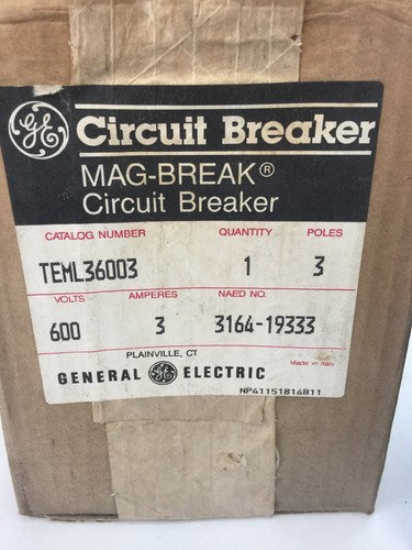 GE TEML36003 MAG-BREAK CIRCUIT BREAKER 3AMP 600VAC 3 POLE INSTANTANEOUS TRIP1