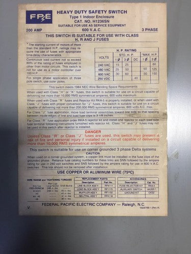 FPE H1236SN HEAVY DUTY SAFETY SWITCH 600 VAC 200 AMP 150 MAX HP 3 POLES7