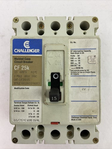 CHALLENGER CF3015 MOLDED CASE CIRCUIT BREAKER 15AMP 3POLE 600VAC 6626C09G030