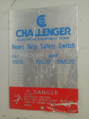 CHALLENGER RHD364NFC NON-FUSIBLE SAFETY SWITCH, 200A, 600V, 3PH, 150HP, TYPE 3R1