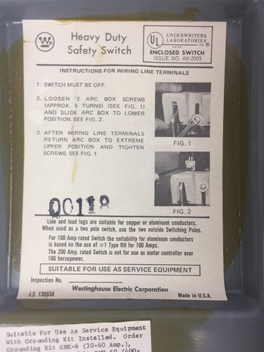 WESTINGHOUSE JHU221 HEAVY DUTY SAFETY SWITCH 240 VAC 250 VDC 30 AMP5