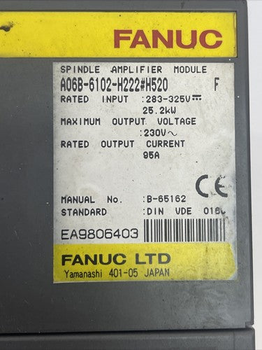 FANUC A06B-6102-H222#H520 SER F SPINDLE AMPLIFIER OUTPUT 230VAC INPUT 283-325VDC1