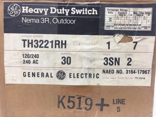 GE TH3221RH HEAVY DUTY SWITCH NEMA 3R OUTDOOR 120/240 VOLT 240 AC 30 AMP 3SN POL0