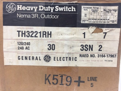 GE TH3221RH HEAVY DUTY SWITCH NEMA 3R OUTDOOR 120/240 VOLT 240 AC 30 AMP 3SN POL0