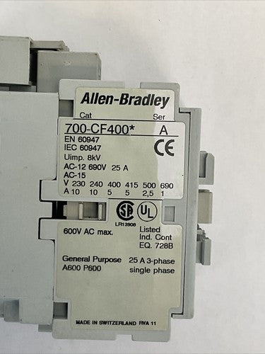 ALLEN BRADLEY 700-CF400* SER A CONTACTOR 600VAC 25A COIL 120V 60HZ 100-FSV1361