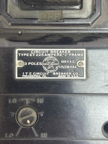 ITE ET5910 CIRCUIT BREAKER 200AMP 3P TYPE ET 225AMP "J" FRAME 600VAC 125/250VDC2