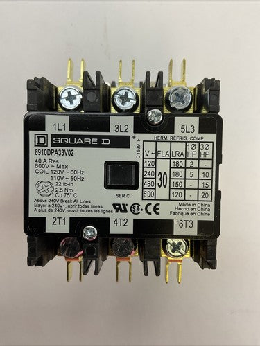 SQUARE D 8910DPA33V02 CONTACOTR SER C 3P 600VAC 20HP 40A COIL 110/120VAC 50/60HZ1