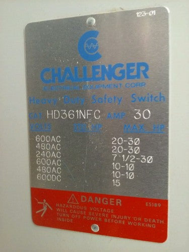 CHALLENGER HD361NFC MODEL 0 SAFETY SWITCH 3P 30A 600VAC 20HP NON-FUSIBLE NEMA 12