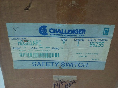 CHALLENGER HD361NFC MODEL 0 SAFETY SWITCH 3P 30A 600VAC 20HP NON-FUSIBLE NEMA 11