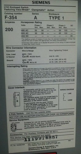 SIEMENS ITE F354 SER. A VACU-BREAK SWITCH CLAMPMATIC 3PH 200A 600V 150HP TYPE 13
