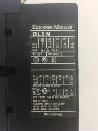 KLOCKNER MOELLER STARTER DIL 0M CONTACTOR 3POLE 250VDC 35A 15HP COIL 115V 60HZ1