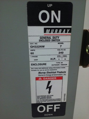 MURRAY GH322NW FUSIBLE SAFETY SWITCH SINGLE THROW 2P, 60A, 240V, 10HP, TYPE 3R 2