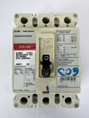 EATON CUTLER HAMMER EHD3030L 30AMP 3P 480VAC 250VDC 6638C94G87 CIRCUIT BREAKER0