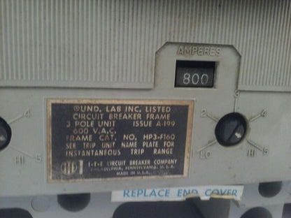 ITE CIRCUIT BREAKER HP3-F160 3P 800A TRIP 600VAC W/ HP3-T800 TRIP UNIT1