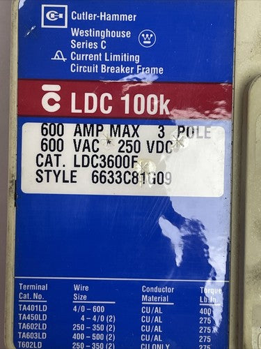 CUTLER HAMMER LDC3600F CIRCUIT BREAKER SER C 600A 3P 600VAC 250VDC LT3400T 400A1