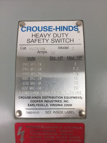 CROUSE-HINDS HU361AW HEAVY DUTY SAFETY SWITCH 30A 600VAC 3 POLES 2