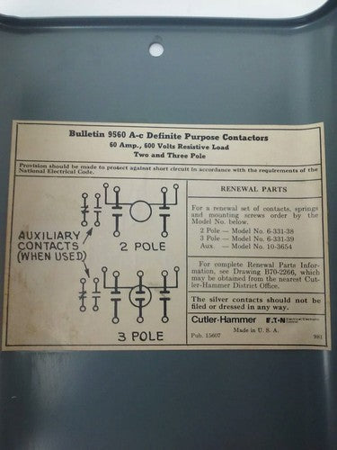 CUTLER HAMMER 9560H447-49 AC MAGNETIC CONTACTOR 9560H447A 50A 600V 3P 120V COIL3