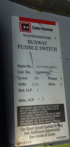 Cutler Hammer Westinghouse Busway Fusible Switch FAN321 - 30 Amp, 240 V, 3-Pole1