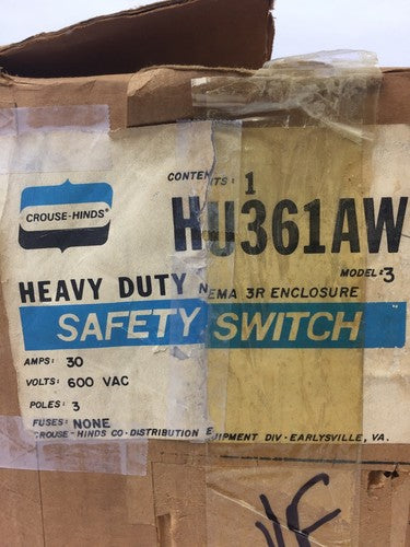 CROUSE-HINDS HU361AW HEAVY DUTY SAFETY SWITCH 30A 600VAC 3 POLES 0