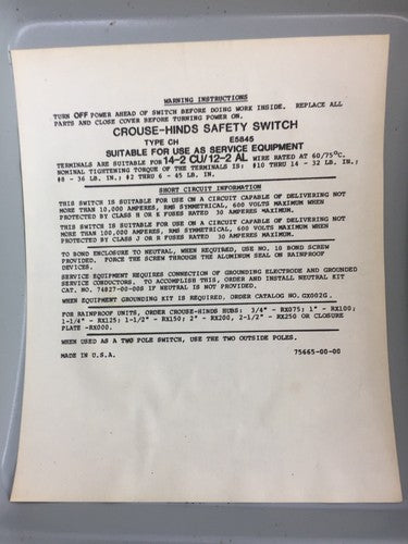 CROUSE-HINDS HU361AW HEAVY DUTY SAFETY SWITCH 30A 600VAC 3 POLES 7