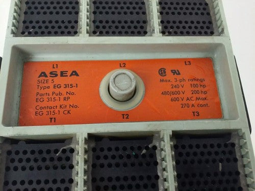 ASEA EG315-1 CONTACTOR, 3PH, 600V,100-200H.P., 270A CONT, SIZE 5,120V COIL,USED 1