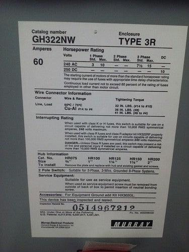 MURRAY GH322NW FUSIBLE SAFETY SWITCH SINGLE THROW 2P, 60A, 240V, 10HP, TYPE 3R 3