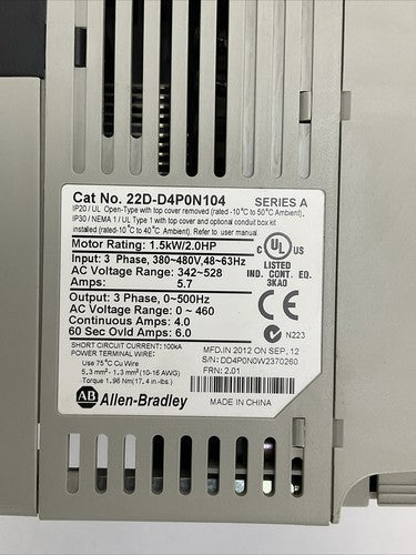 ALLEN BRADLEY 22D-D4P0N104 AC DRIVE SER A OUTPUT 0-460VAC INPUT 380-480VAC2