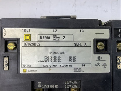 SQUARE D 8702SD02 REVERSING CONTACTOR SER A 600V 25HP 31063-409-38 COIL 120V 60H1