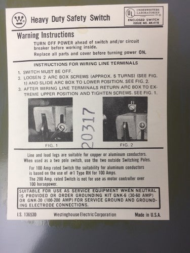 WESTINGHOUSE JHU361 HEAVY DUTY SAFETY SWITCH 600 VAC 480 VAC 240 VAC 30 AMP4