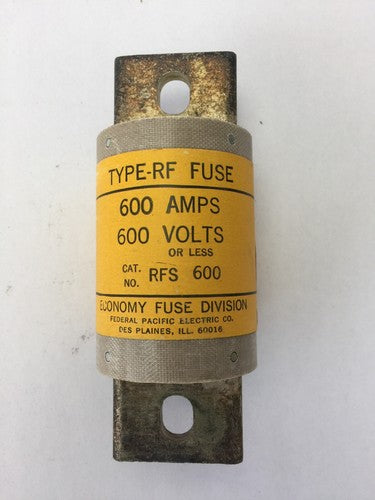 ECONOMY FUSE RFS 600 TYPE-RF FUSE 600 AMP 600 VOLTS FEDERAL PACIFIC ELECTRIC0