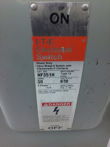 ITE SIEMENS NF351H SAFETY SWITCH, TYPE 12, 30A, 600V, 3P, NF351H-CH, NEW 1